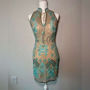 Sherri Hill Cocktail - Turquoise and Beige Mini Dress